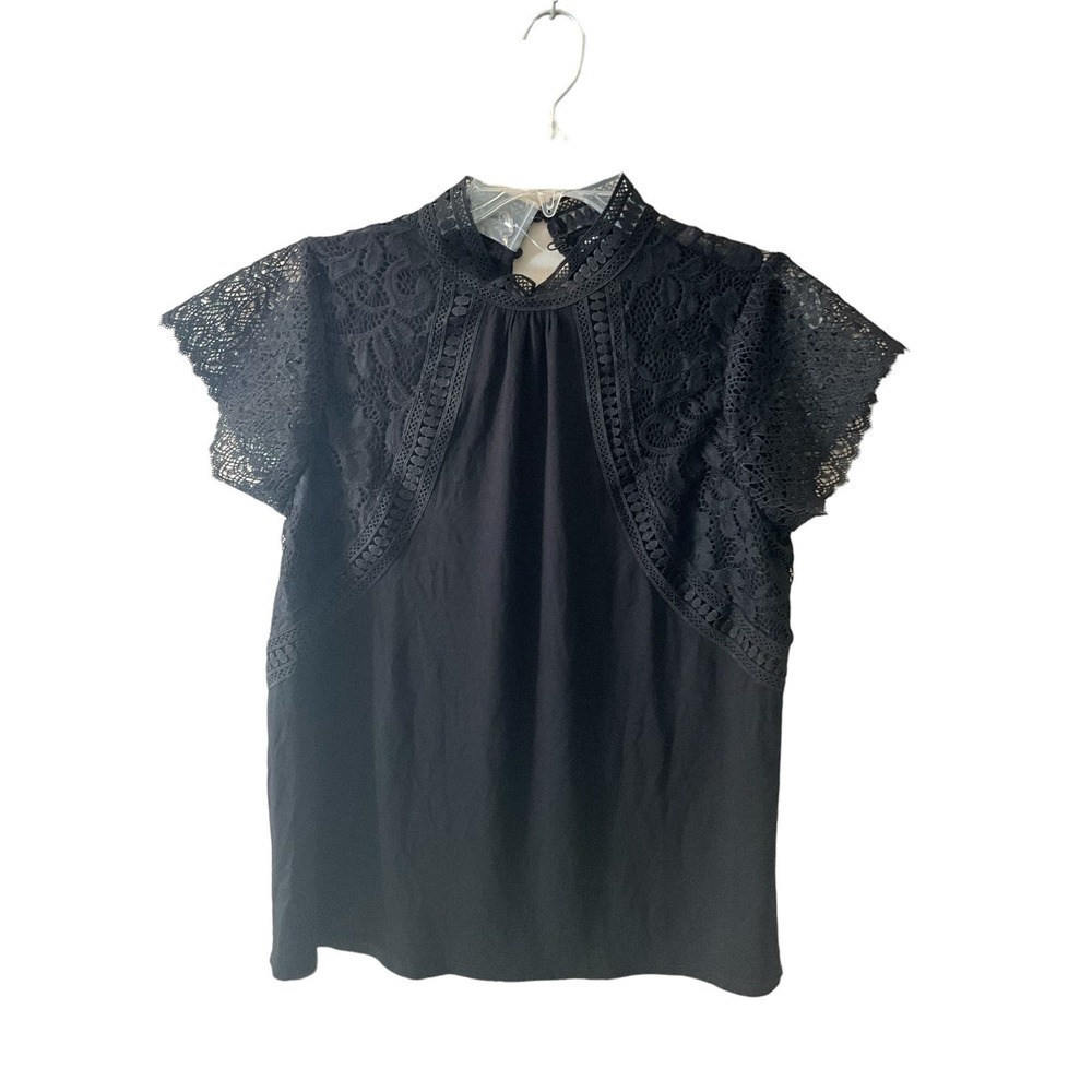 Cable & Gauge Lace Blouse Top‎ Women Sz L Black  Pullover V-Neck Viscose